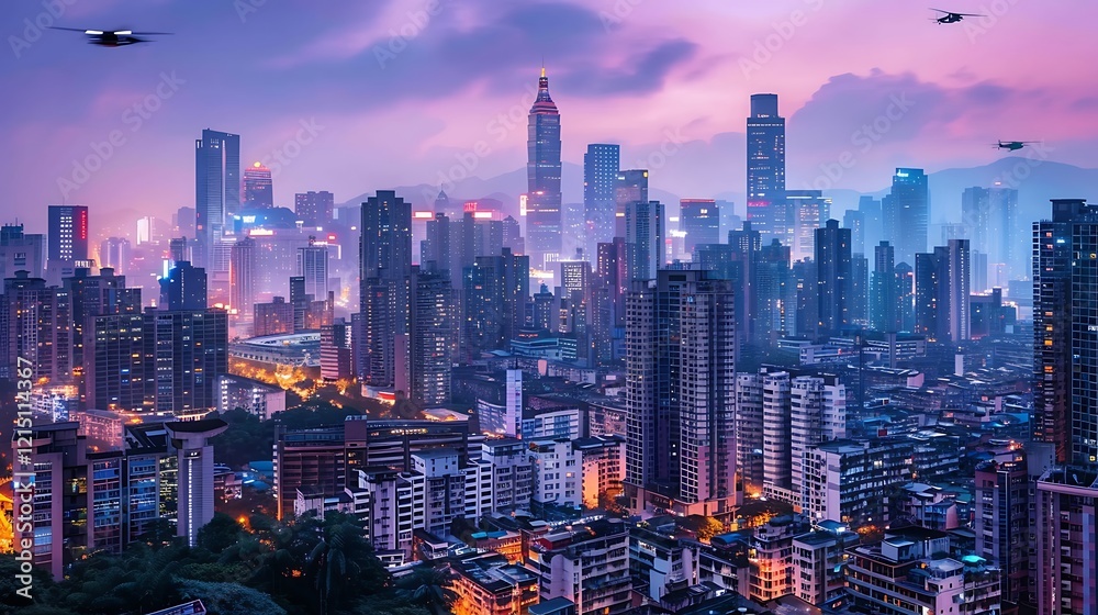 Fototapeta premium Urban Skyline at Twilight with Drones Overhead