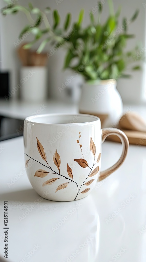 Elegant White Coffee Mug with Delicate Leaf Design