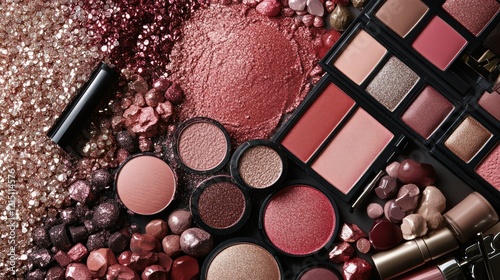 A stunning 4K collage of shimmering eyeshadows, rosy blushes, glossy lipsticks, and volumizing mascaras, displayed on a smooth neutral backdrop. photo