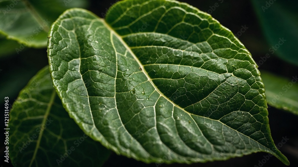 Close-up of a single green leaf with detailed veins Close-up of a single green leaf with detailed veins