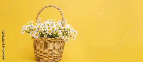 White flowers in wooden basket on yellow spring background 3D Rendering photo