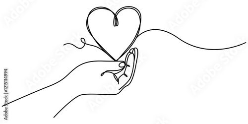 Single continuous line of hands holding hearts on a white background. Black thin line of the hands with  hearts, One continuous line drawing of hands holding heart. Concept of love relationship pro. 