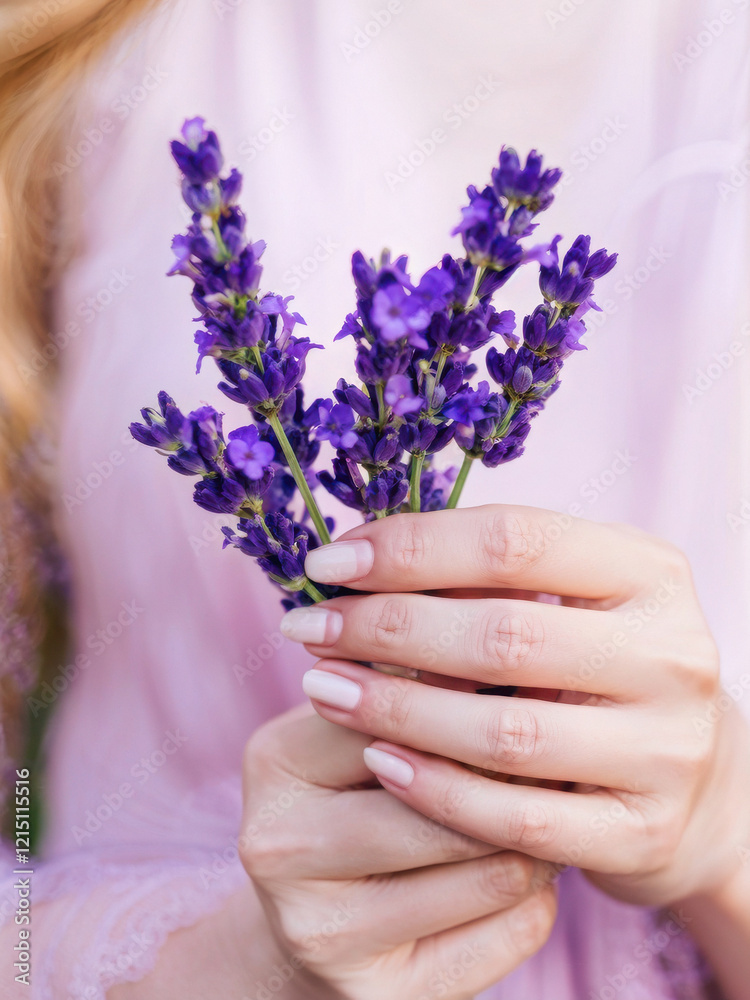 A close-up of a woman's hand gently holding a lavender stem with a soft focus on the purple blooms and a pastel background. Generative AI A close-up of a woman's hand gently holding a lavender stem with a soft focus on the purple blooms and a pastel background. Generative AI