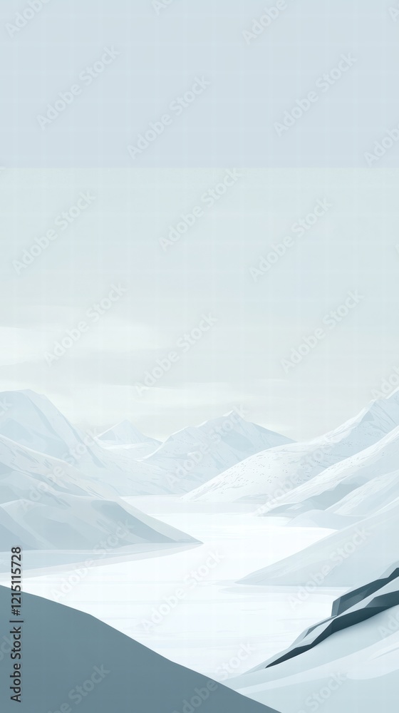 Tranquil frozen lake amid snowy hills and soft gray sky Tranquil frozen lake amid snowy hills and soft gray sky