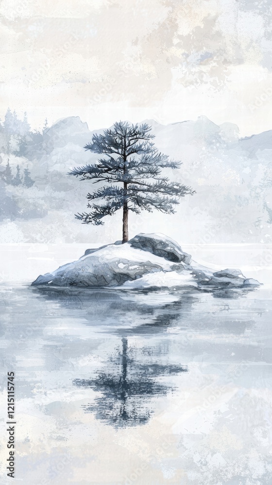 Obraz premium Serene winter island snowy pines on a frozen lake