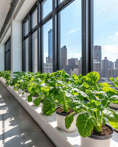 Indoor garden with leafy greens in pots, bright sunlight, city view