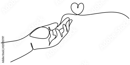 Single continuous line of hands holding hearts on a white background. Black thin line of the hands with  hearts, One continuous line drawing of hands holding heart. Concept of love relationship pro. 