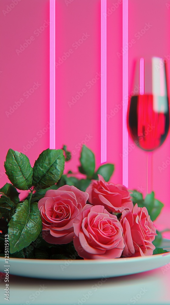 Pink Roses with Glass in Elegant Setup Against Vibrant Background Pink Roses with Glass in Elegant Setup Against Vibrant Background