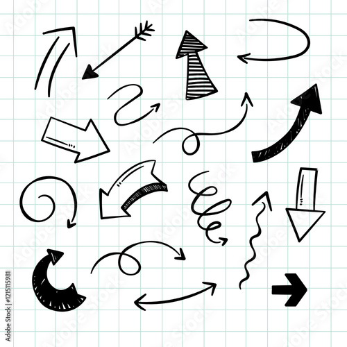 Hand-Drawn Arrow Set – Doodle Style Sketch Arrows on Graph Paper Background