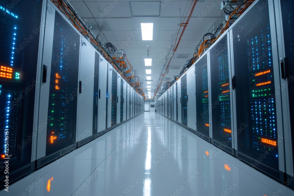 Obraz premium Server Room Corridor with Blinking Lights in Data Center