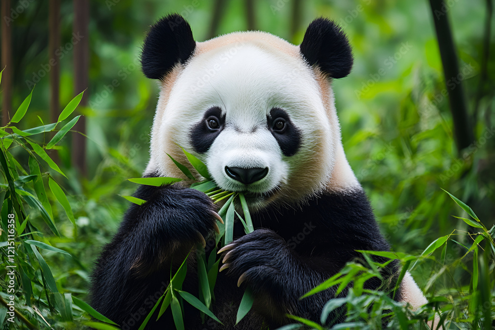 Close-up of a giant panda eating bamboo in a lush green forest, symbolizing wildlife preservation and harmony Close-up of a giant panda eating bamboo in a lush green forest, symbolizing wildlife preservation and harmony
