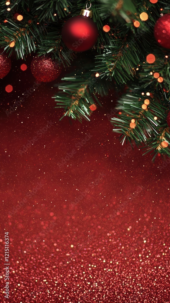 Festive christmas tree branch with baubles and twinkling lights Festive christmas tree branch with baubles and twinkling lights