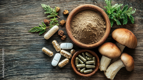 Wallpaper Mural Natural remedies are displayed on a wooden table, showcasing kratom powder, mushrooms, and various medicinal pills, offering a glimpse into alternative treatments Torontodigital.ca