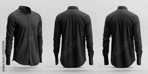 Male black long sleeve fitted shirt with round neck. Photorealistic render three views front back, half face. Shirt designed for casual attire, seems versatile. Likely blank template for branding photo