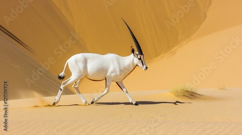 Addax Antelope Addax nasomaculatus phylum Chordata class Mammalia order Artiodactyla family Bovidae navigating golden desert dunes spiraled horns and white coat contrasting with arid landscapes photo