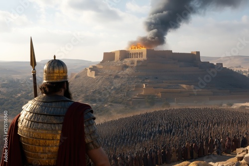  Moses leads the Israelite army, staff raised high, as they face a burning fortress atop a hill, symbolizing faith and divine power.  .