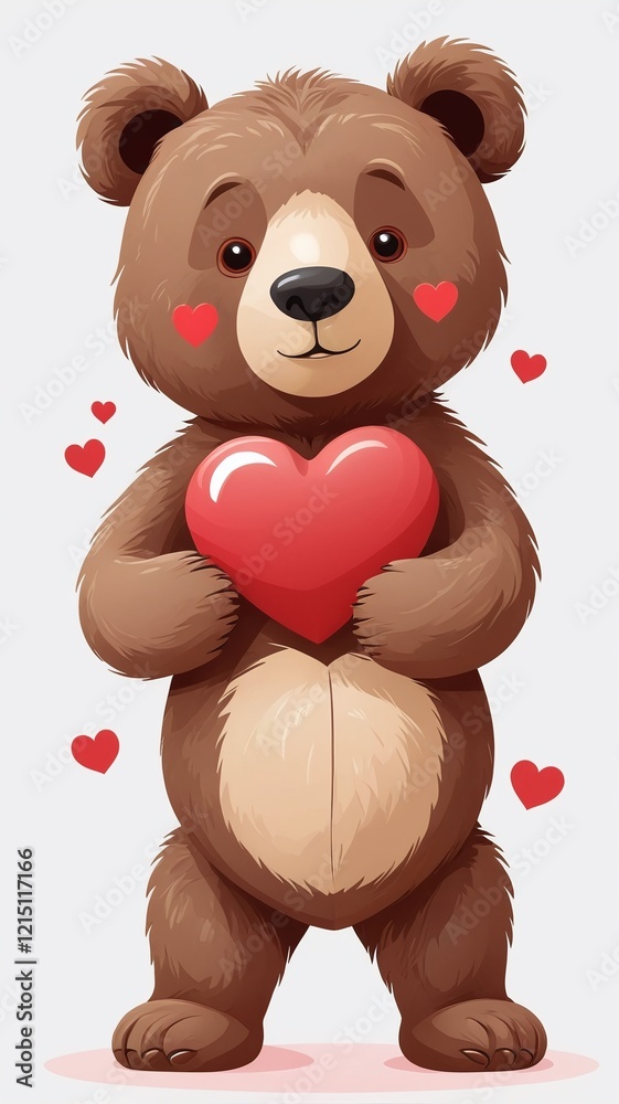 Obraz premium Brown standing bear toy holding red heart. Realistic illustration isolated on white background. Cute teddy character. Fashion print, greeting card or poster design element