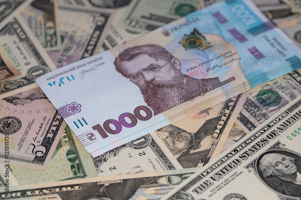 Obraz premium 100 dollar and 1000 hryvnia banknotes