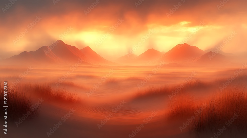 Serene Sunset Over Hazy Desert Mountainscape Serene Sunset Over Hazy Desert Mountainscape