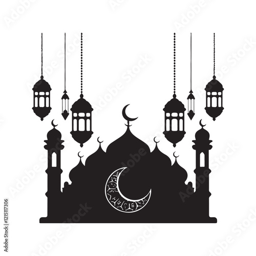 Silhouette of a Mosque with Lanterns and Crescent Moon for Ramadan