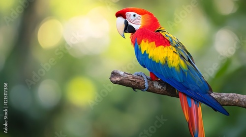 Scarlet macaw perched on a branch in a tropical forest