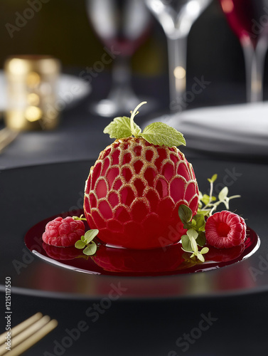 A luxurious raspberry-shaped dessert with a glossy ruby-red finish, plated elegantly with gold leaf, microgreens, and raspberry coulis, set against a refined fine-dining backdrop photo
