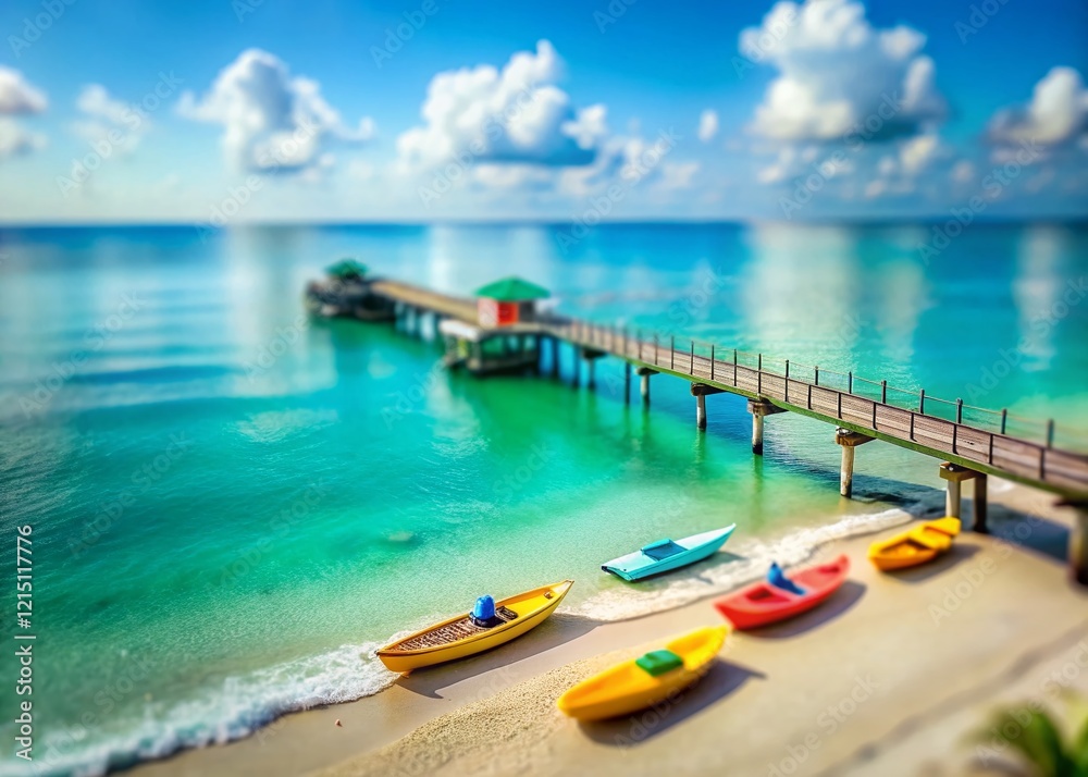 Miniature Beach Scene: Kayaks, Pier, and Ocean Waves - Tilt-Shift Photography Miniature Beach Scene: Kayaks, Pier, and Ocean Waves - Tilt-Shift Photography