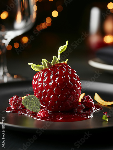 A luxurious raspberry-shaped dessert with a glossy ruby-red finish, plated elegantly with gold leaf, microgreens, and raspberry coulis, set against a refined fine-dining backdrop photo