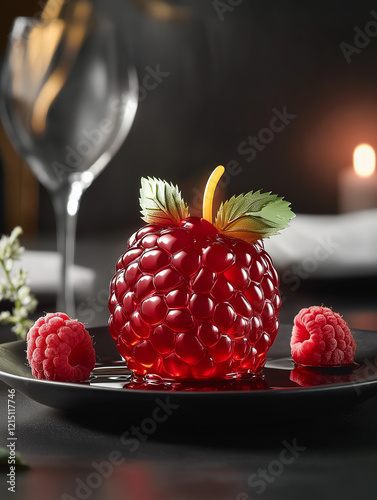 A luxurious raspberry-shaped dessert with a glossy ruby-red finish, plated elegantly with gold leaf, microgreens, and raspberry coulis, set against a refined fine-dining backdrop photo