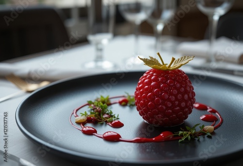 A luxurious raspberry-shaped dessert with a glossy ruby-red finish, plated elegantly with gold leaf, microgreens, and raspberry coulis, set against a refined fine-dining backdrop photo