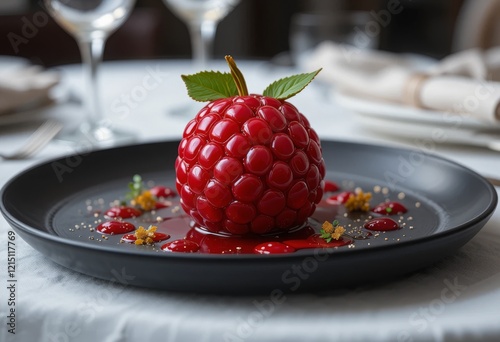 A luxurious raspberry-shaped dessert with a glossy ruby-red finish, plated elegantly with gold leaf, microgreens, and raspberry coulis, set against a refined fine-dining backdrop photo
