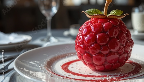 A luxurious raspberry-shaped dessert with a glossy ruby-red finish, plated elegantly with gold leaf, microgreens, and raspberry coulis, set against a refined fine-dining backdrop photo