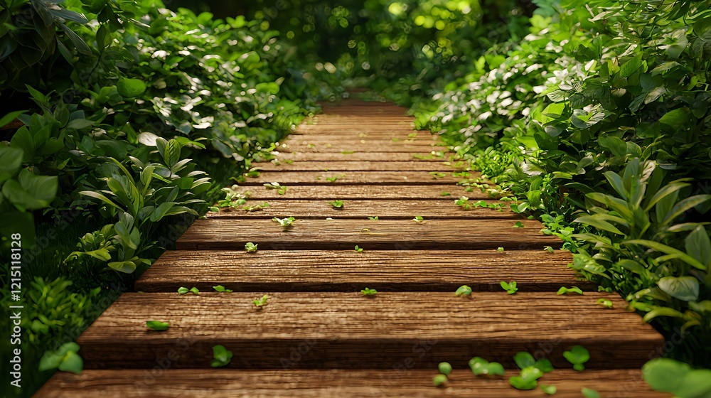 Obraz premium Serene Wooden Pathway Through Lush Greenery in Forest Environment