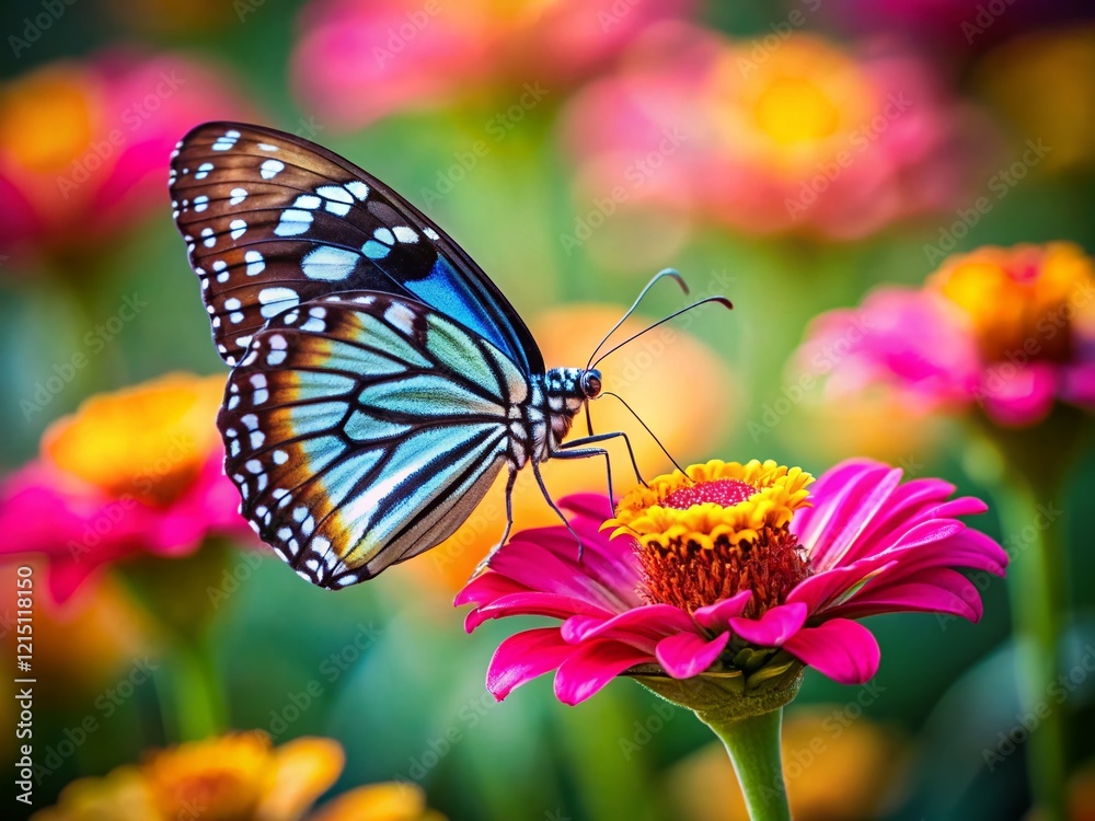 Obraz premium Miniature Blue Tiger Butterfly on Pink Zinnia, Tilt-Shift Macro Photography