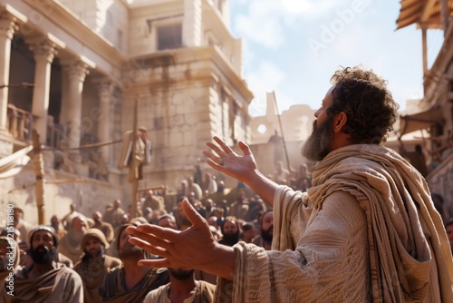 Paul Preaching to Gentiles in Ancient Marketplace  . photo