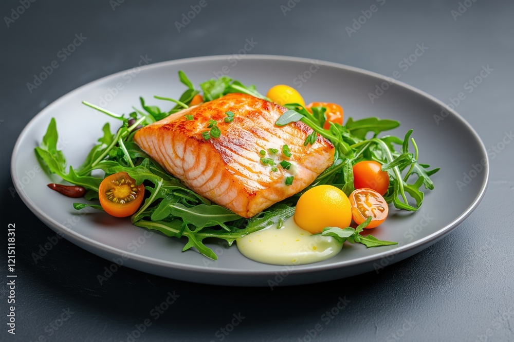 Grilled salmon with fresh salad . Grilled salmon with fresh salad .