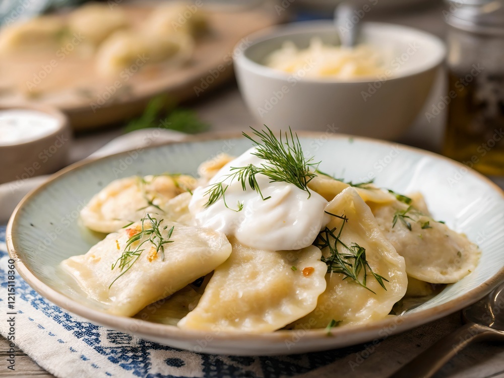 a plate of dumplings topped with a dollop of sour cream and fresh dill, served on a wooden table with a checkered tablecloth. a plate of dumplings topped with a dollop of sour cream and fresh dill, served on a wooden table with a checkered tablecloth.