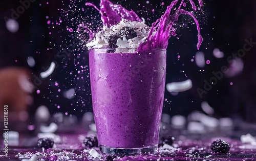 AÃ?ai berry smoothie with coconut flakes, energetic purple splash effect photo