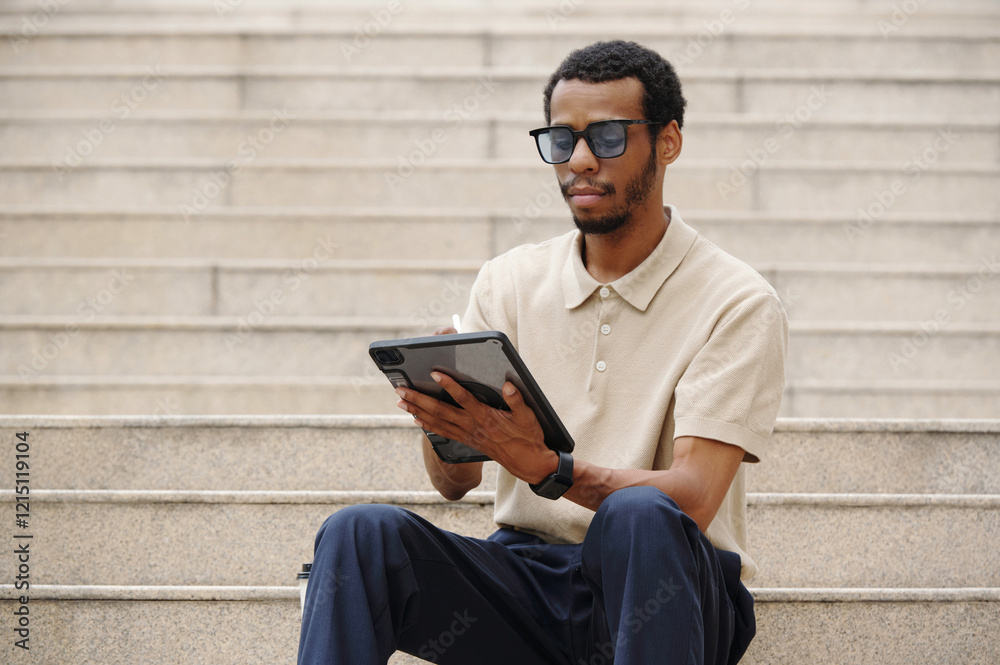Obraz premium African American man sitting on stairs and working online on tablet pc