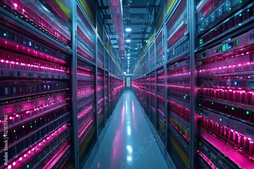 Servers blinking with purple lights in large data center