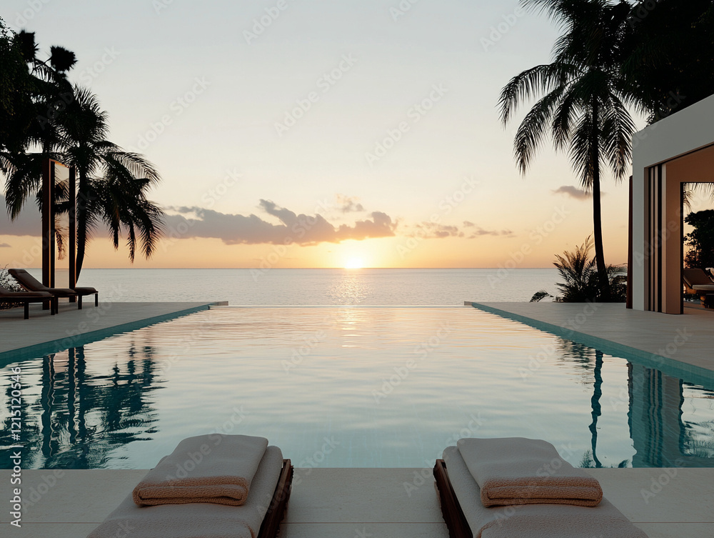 Fototapeta premium Relaxing sunset view by the infinity pool