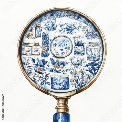 A captivating, watercolor illustration of a Magnifying Glass zooming in on intricate details of various products