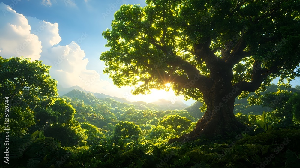 Majestic Tree Surrounded by Lush Green Vegetation and Mountains Majestic Tree Surrounded by Lush Green Vegetation and Mountains