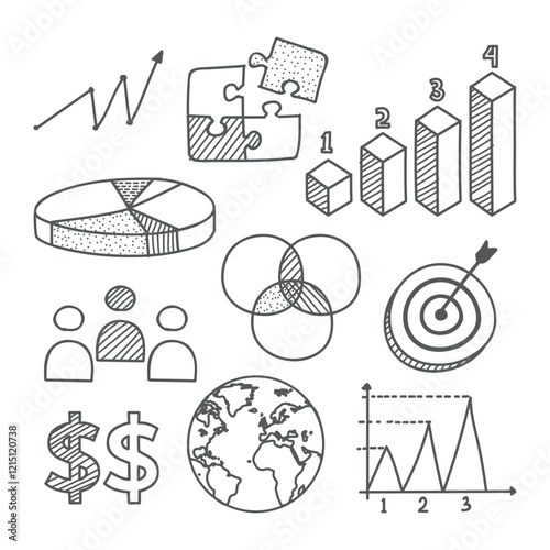 Hand-Drawn Business and Finance Infographic Icons – Growth, Graphs, and Data