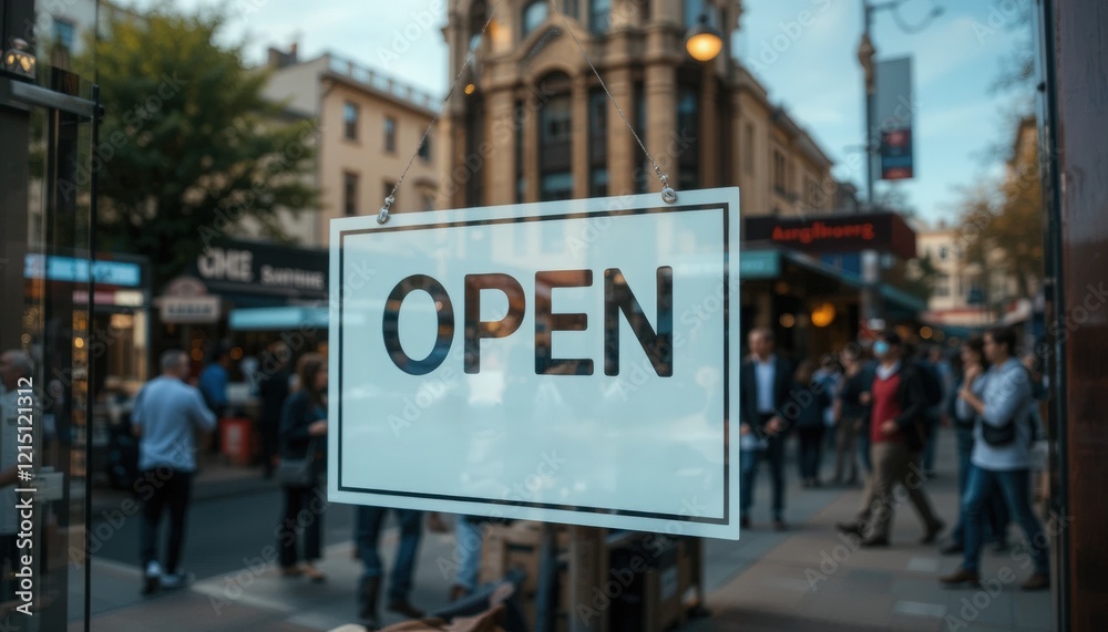 Obraz premium Crowds gather on a lively city street filled with shops and cafes, creating a dynamic atmosphere as an open sign invites visitors in during the warm late afternoon sunlight