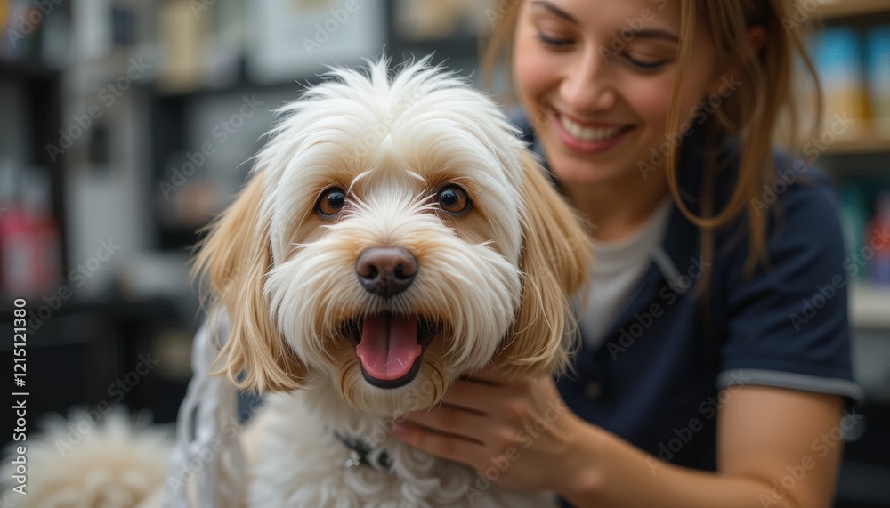 A cheerful dog with fluffy fur enjoys a loving grooming session with a smiling groomer in a lively salon filled with pet supplies. The atmosphere radiates joy and care for animals A cheerful dog with fluffy fur enjoys a loving grooming session with a smiling groomer in a lively salon filled with pet supplies. The atmosphere radiates joy and care for animals