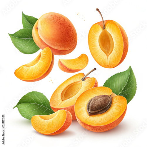 Flying falling apricot halves isolated on a white background.Vector illustration.
