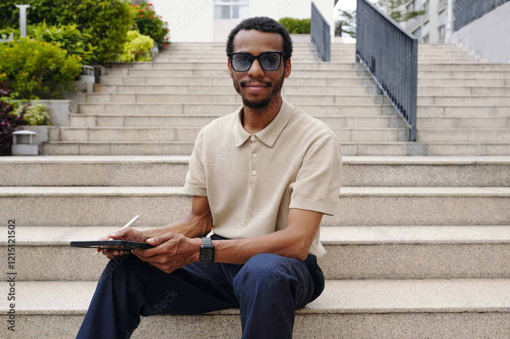 Obraz premium Portrait of young man with tablet pc sitting on stairs outdoors