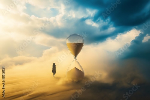 Surreal image of a woman walking in the desert with a giant hourglass in the background, symbolizing the passage of time and the ephemeral nature of life