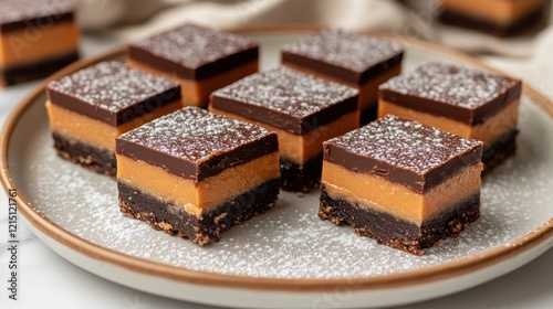 Caramel chocolate squares dessert plate kitchen photo